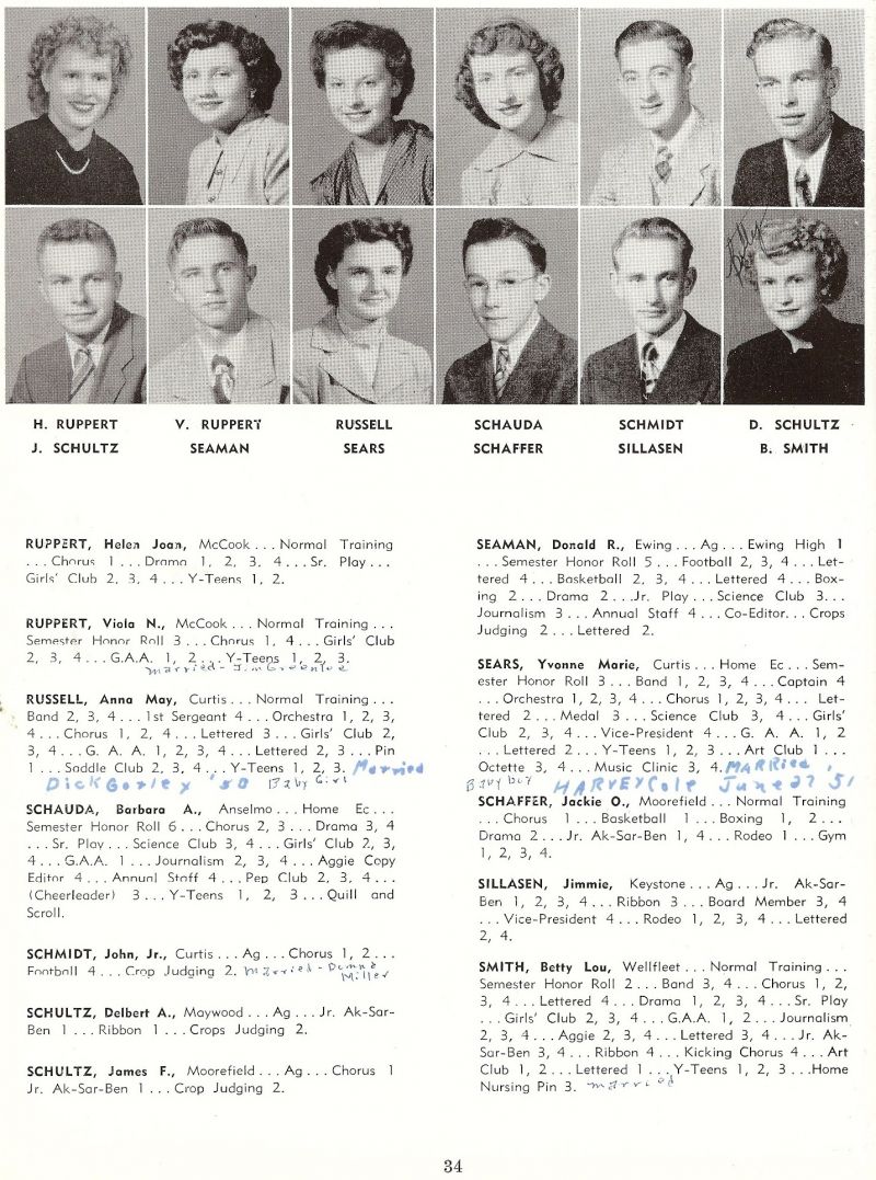 1950 Helen Ruppert, Viola Ruppert, AnnaMay Russell, Barbara Schauda, John Schmidt, Delbert Schultz, James Schultz, Donald Seaman, Yvonne Sears, Jackie Schaffer, Jimmy Sillasen, Betty Smith,