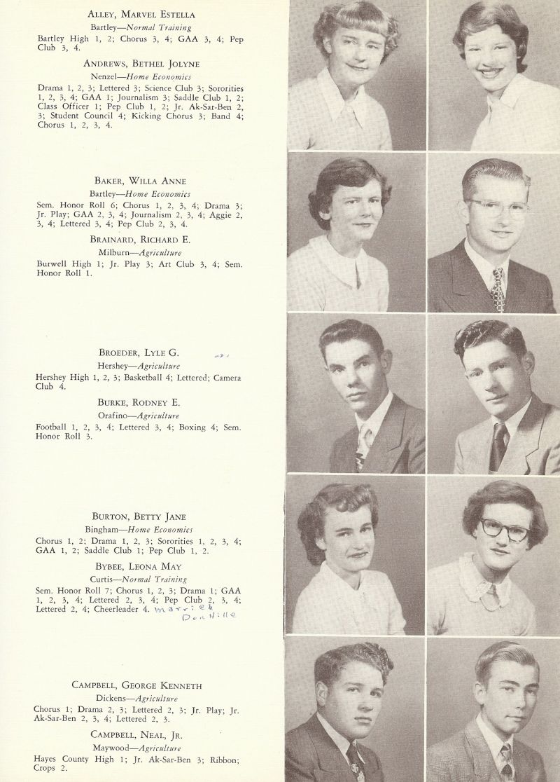 1951 Marvel Alley, Bethel Andrews, Willa Baker, Richard Brainard, Lyle Broeder, Rodney Burke, Betty Burton, Leona Bybee, George Campbell, Neal Campbell, Neal Campbell Jr,