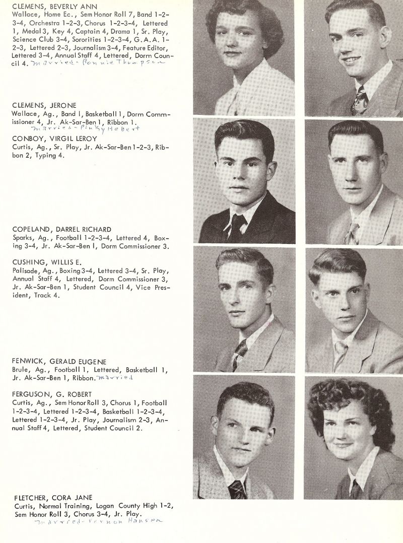 1952 Beverly Clemens, Jerone Clemens, Jerome Clemens, Virgil Conboy, Darrel Copeland, Willis Cushing, Gerald Fenwick, Robert Ferguson, Cora Fletcher,