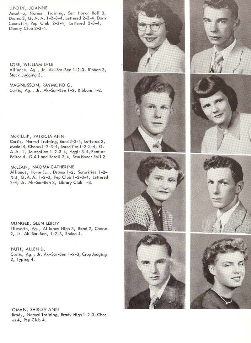 1952 Joanne Lindly, William Lore, Bill Lore, Raymond Magnusson, Patricia McKillip, Naome McLean, Glen Munger, Allen Nutt, Shirley Oman,