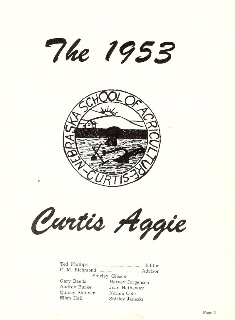 1953 Ted Phillips, Gary Benda, Audrey Burke, Quincy Skinner, Ellen Hall, Harvey Jorgensen, Joan Hathaway, Norma Cole, Shirley Janeski, Cecil Richmond - Advisor.