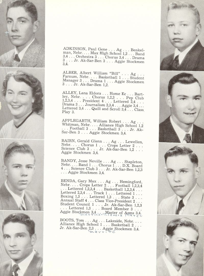 1953 Paul Adkinson, Albert Albers, Albert Alber, Lana Alley, William Applegarth, Gerald Bairn, Jesse Bandy, Gary Benda, Tom Boots,