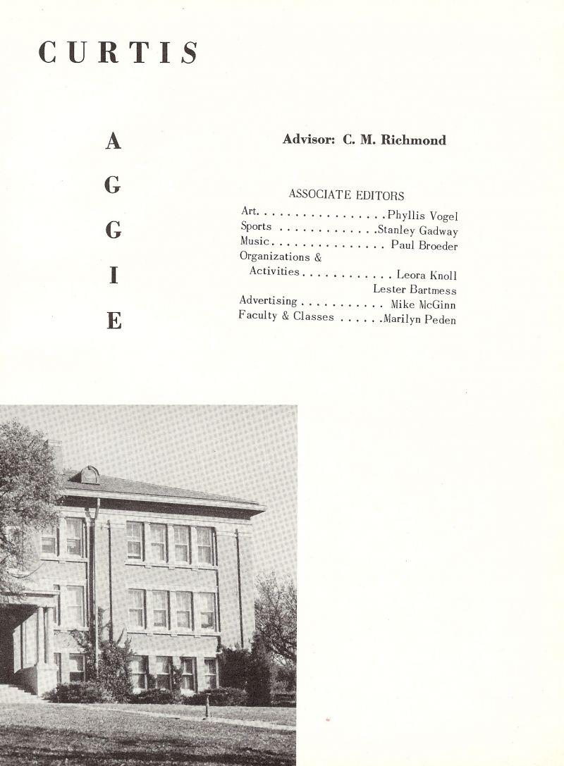 1954 Phyllis Vogel, Stanley Gadway, Paul Broeder, Leora Knoll, Lester Bartmess, Mike McGinn, Marilyn Peden, Cecil Richmond - Advisor.