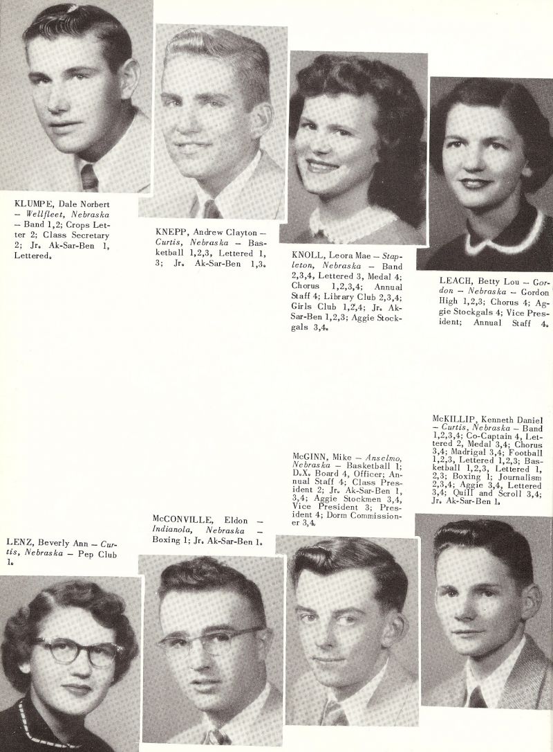 1954 Dale Klumpe, Andrew Knepp, Leona Knoll, Betty Leach, Beverley Lenz, Eldon McConville, Mike McGinn, Kenneth McKillip,