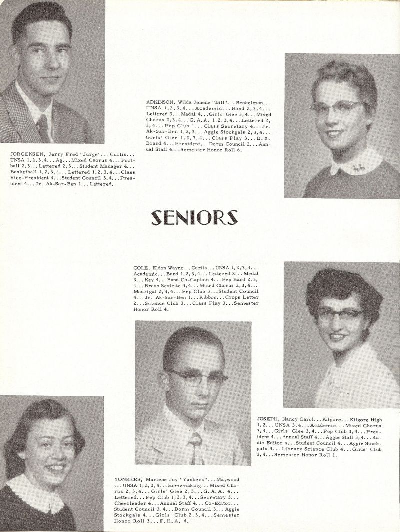 1955 Jerry Jorgensen, Wilda Adkinson, Eldon Cole, Merlene Yonkers, Nancy Joseph,