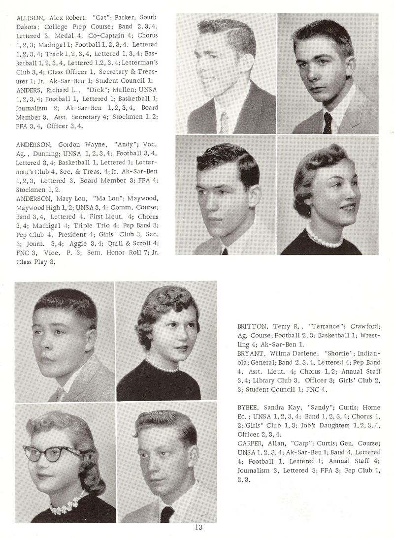 1958 Alex Allison, Richard Anders, Dick Anders, Gordon Anderson, Mary Anderson, Marylou Anderson, Terry Britton, Wilma Bryant, Sandra Bybee, Allan Carper,