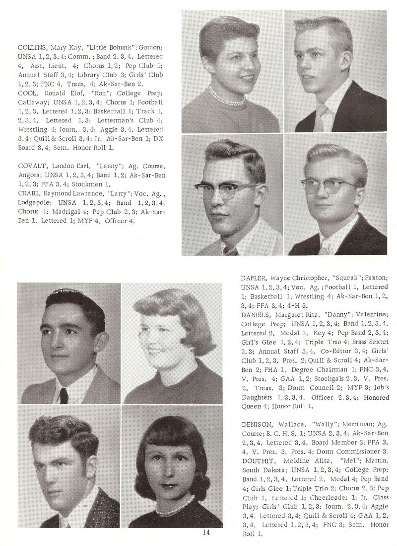 1958 MaryKay Collins, Ronald Cool, Landon Covalt, Raymond Crabb, Ray Crabb, Wayne Dafler, Margaret Daniels, Wallace Denison, Wally Denison, Meldine Douthit, Mel Douthit,