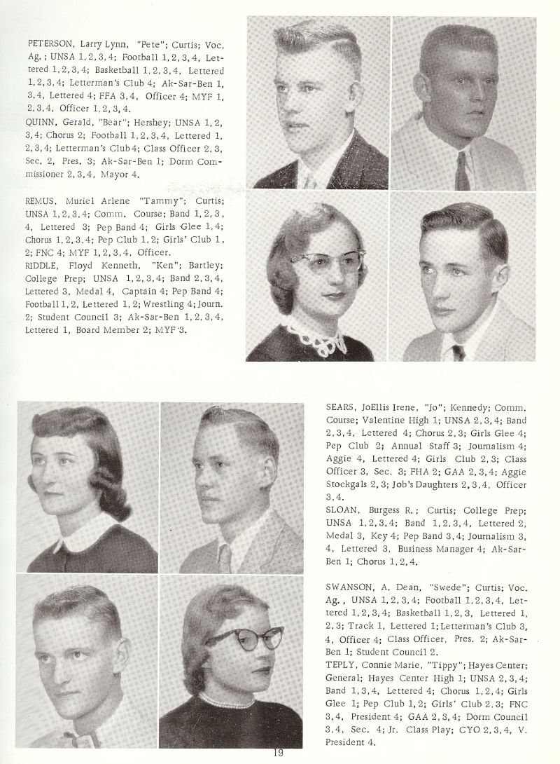 1958 Larry Peterson, Gerald Quinn, Muriel Remus, Tammy Remus, Floyd Riddle, Ken Riddle, JoEllis Sears, Jo Sears, Burgess Sloan, Dean Swanson, Swede Swanson, Connie Teply,