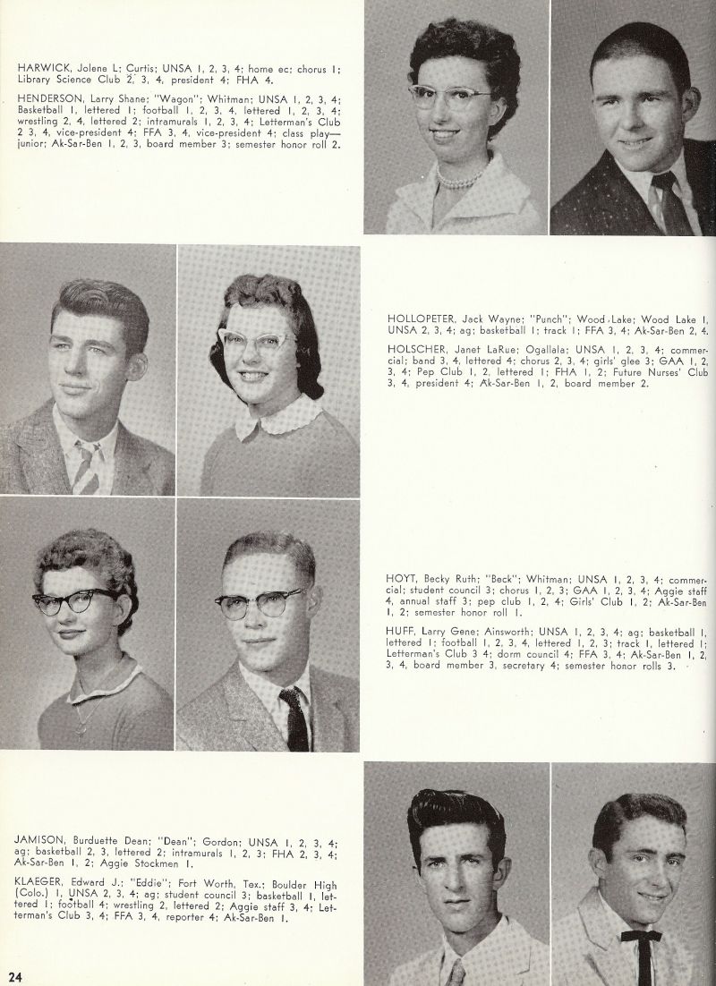 1959 Jolene Harwick, Larry Henderson, Jack Hollopeter, Janet Holscher, Becky Hoyt, Larry Huff, Burduette Jamison, Dean Jamison, Edward Klaeger,