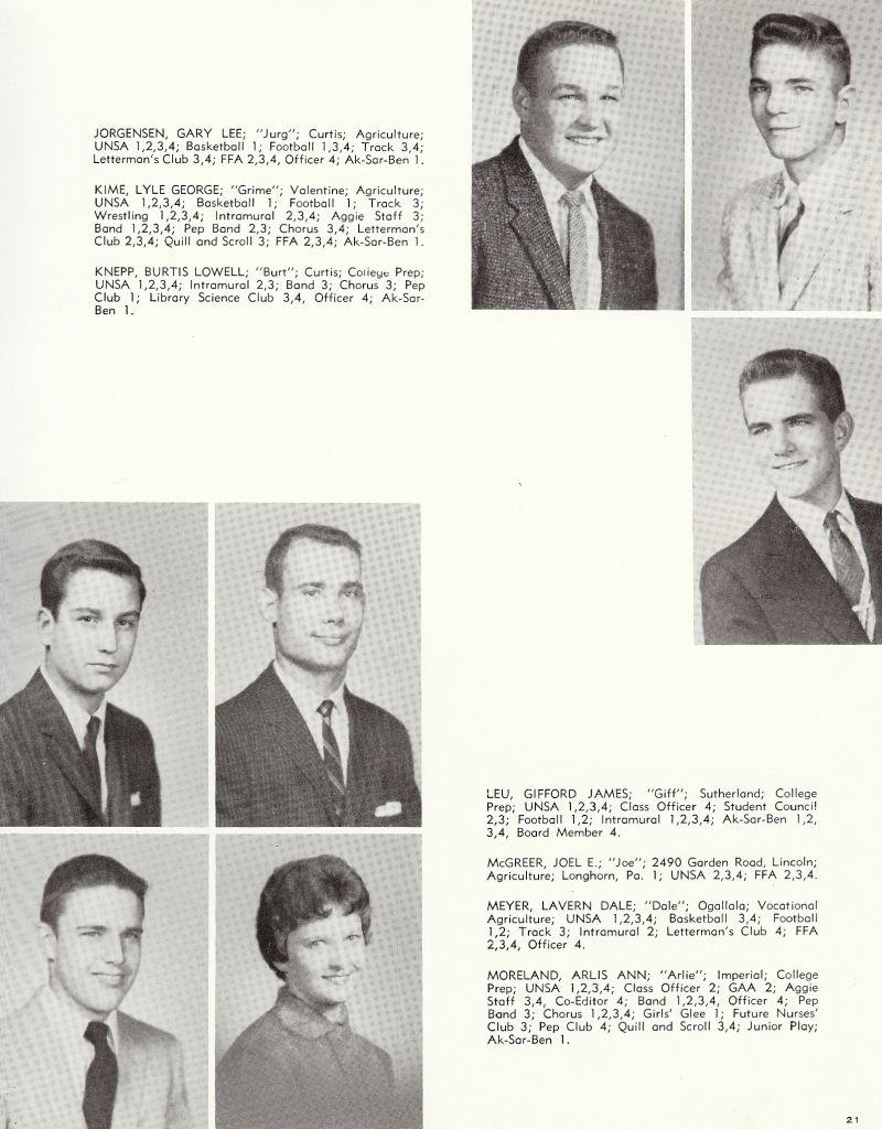 1960 Gary Jorgensen, Lyle Kime, Brutis Knepp, Gifford Leu, Joel McGreer, Lavern Meyer Dale Meyer, Arlis Moreland,