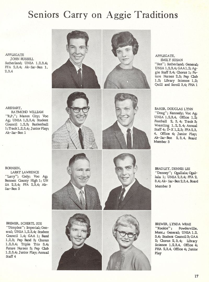 1963 John Applegate, Emily Applegate, Susan Applegate, Raymond Arehart, Ray Arehart, Douglas Baker, Doug Baker, Larry Bornsen, Dennis Bradley, Scheryl Bremer, Lynda Brewer,