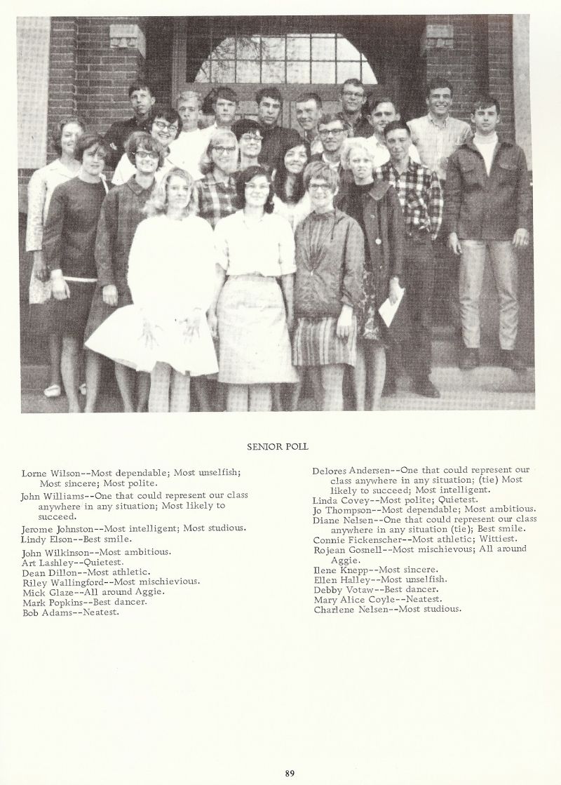1968 Lorne Wilson, John Williams, Jerome Johnston, Lindy Elson, John Wilkinson, Art Lashley, Dean Dillon, Riley Wallingford, Mick Glaze, Mark Popkins, Bob Adams, Delores Andersen, Linda Covey, Jo Thaompson, Diane Nelsen, Connie Fickenscher, Rojean Gosnell, Ilene Knepp, Ellen Halley, Debby Votaw, Mary Alice Coyle, Charlene Nelsen,