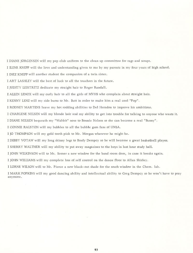 1968 Diane Jorgensen, Ilene Knepp, Inez Knepp, Art Lashley, Judi Leistritz, Allen Lenox, Kenny Lenz, Rodney Martens, Charlene Nelsen, Diane Nelsen, Connie Ralston, Jo Thompson, Debby Votaw, Sherry Walther, John Wilkinson, John Williams, Loren Wilson, Mark Popkins, 