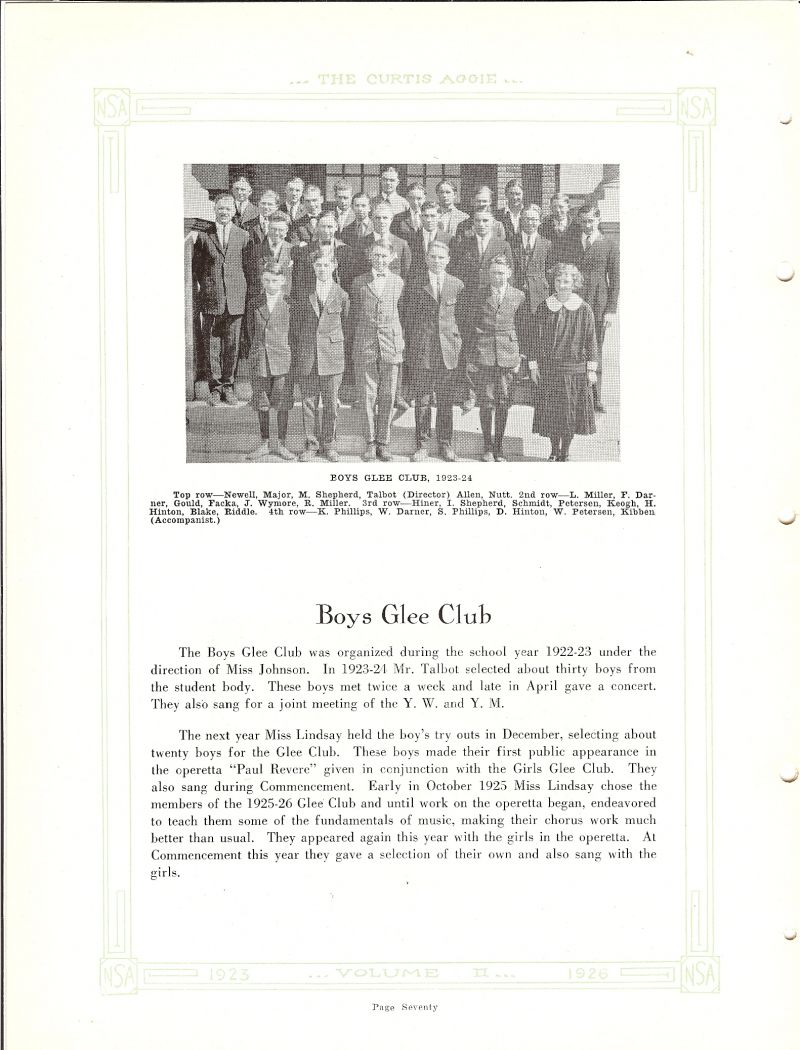 Volume_II George Newell, Major, Marian Shepherd, Director William Talbot. Allen, Nutt, Lee Miller, Frank  Darner, Everett Gould, Donald Facka, Joy Wymore, R Miller, James Hiner, Irving Shepherd, George Schmidt, Henry Peterson, Paul Keogh, Howard Hinton, Ben Blake, Lloyd Riddle, Kenneth Phillips, W Darner, Stanley Phillips, Dale  Hinton, Wesley Petersen, Accompanist Wilma Kibben,