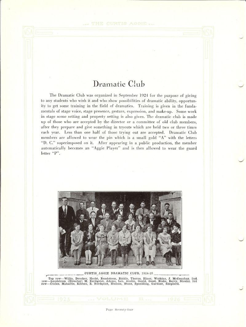 Volume_II Rex Willis, Fred Drucker, Ruben Hecht, John Rundstrom, Lloyd Riddle, Charles Thorne, Frances Hiner, Elroy Watkins, James McConahay, Director David Lundstrom. Myron Nordquist, Gerald Adams, Leu, Zoe Austin, Everett Gould, Ben Blake, Henry Berry, Harold Nicolai, Mercedes Curlee, DeVona Mahaffie, Wilma Kibben, E Nordquist, Wanda Hudson, (Wanda Holmes), Eva Stone, Grace Spaulding, Cora Gardner, Bertha Shepherd, (Bertha Nicolai), Doris Good,
