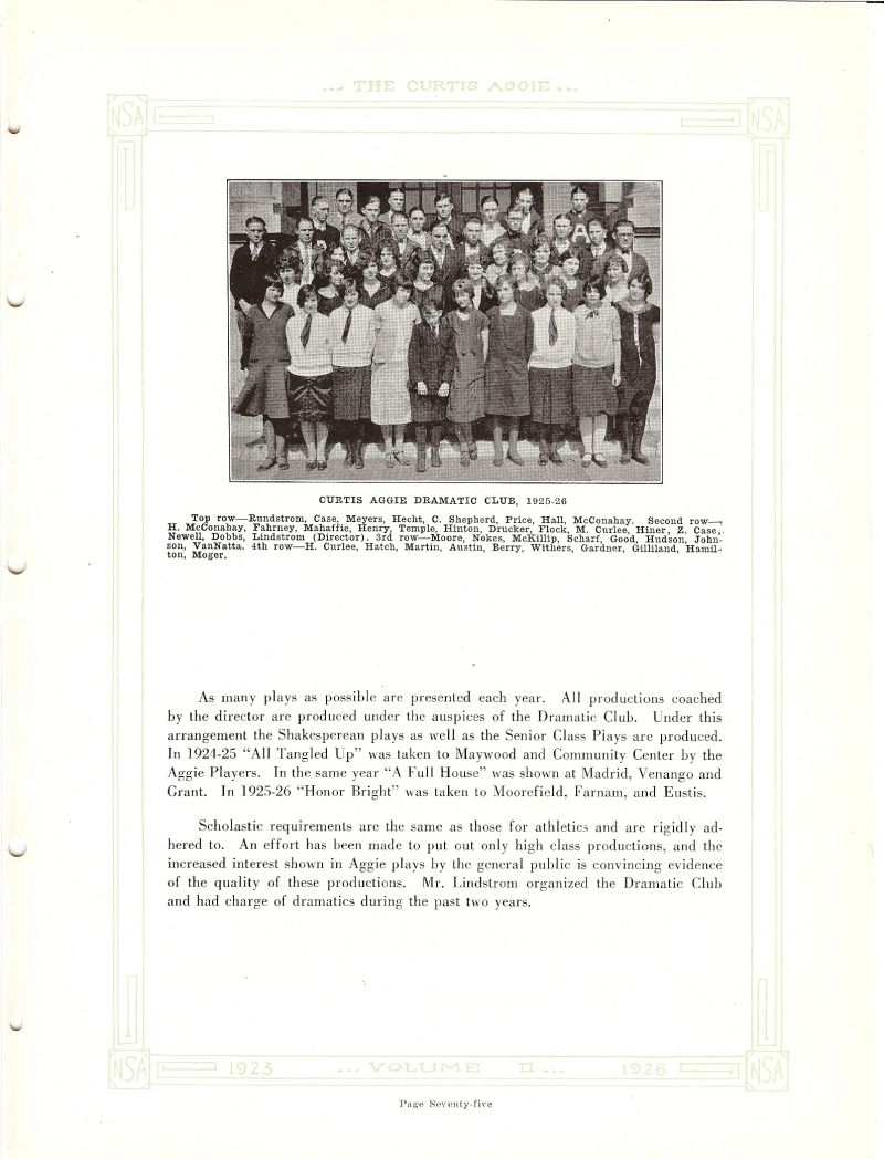Volume_II John Rundstrom, Lysle Case, Alfred Meyers, Robert Hecht, Clinton Shepherd, Milo Price, Paige Hall, James McConahay, Harold McConahay, Emory Fehrney, DeVona Mahaffie, Temple, Lenna Hinton, Fred Drucker, Veda Flock, Mercedes Curlee, Frances Hiner, Z Case, George Newell, Dudly Dobbs, Director David Lindstrom. Doris Moore, Bernice Nokes, McKillip, Freda Scharf, (Freda Wetzel), Doris Good, Greta Hudson, Bertha Johnson, Valda VanNatta, H Curlee, Vera Hatch, Helen Martin, Zoa Austin, Berry, Withers, Cora Gardner, Wanda Gilliland, Ethel Hamilton, Lucy Moger,