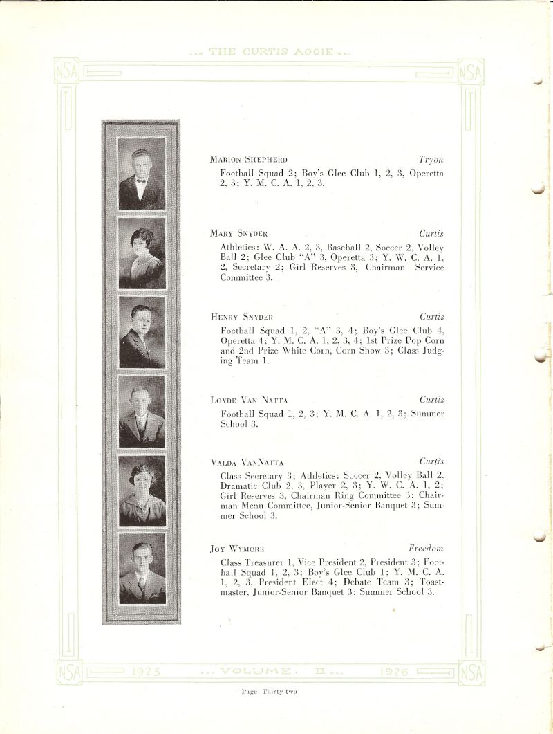 1927 Marion Shepherd, Mary Snyder, Henry Snyder, Lloyd VanNatta, Lloyd Van Natta,  Loyde VanNatta, Loyde Van Natta,Valda VanNatta, Valda Van Natta, Joy Wymore, 