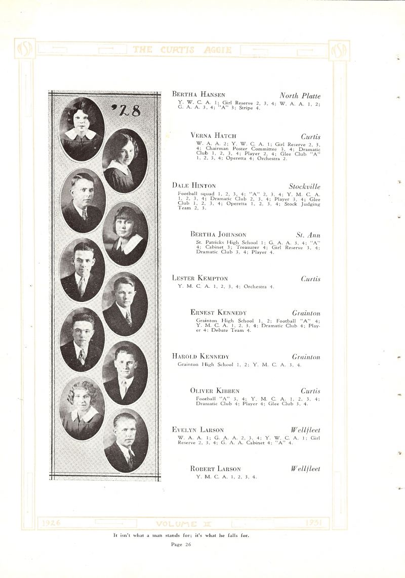 1928 Bertha Hansen, Verna Hatch, Dale Hinton, Bertha Johnson, Lester Kempton, Ernest Kennedy, Harold Kennedy, Oliver Kibben, Evelyn Larson, Robert Larson, 