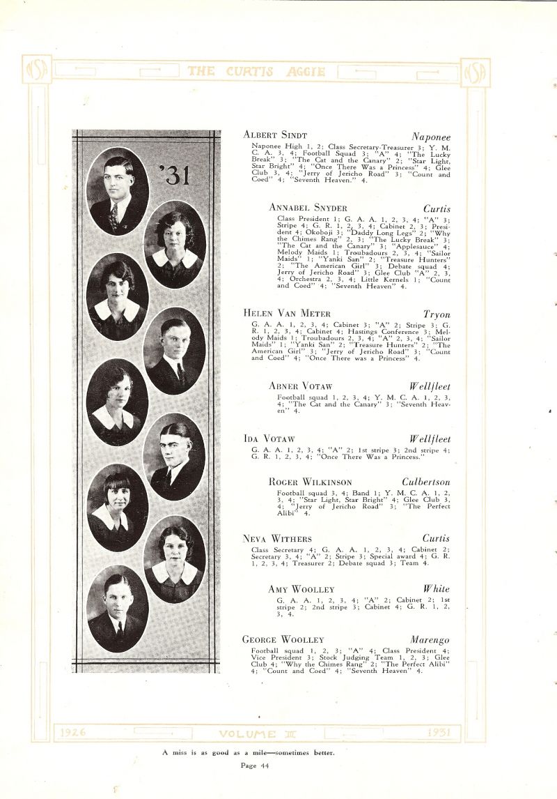 1931 Albert Sindt, Annabel Snyder, Helen VanMeter, Helen Van Meter, Abner Votaw, Ida Votaw, Roger Wilkinson, Neva Withers, Amy Woolley, George Woolley,