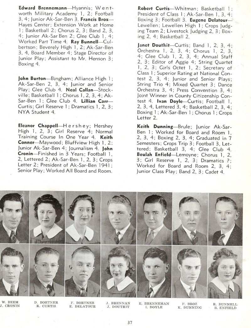 1941 Warren Beem, Doris Bortner, Frieda Bortner, Jack Brennan, Edward Brenneman, Francis Broz, Ray Bunnell, John Cronin, Robert Curtis, Eugene Delatour, Janet Douthit, Ivan Doyle, Keith Dunning, Beulah Enfield,