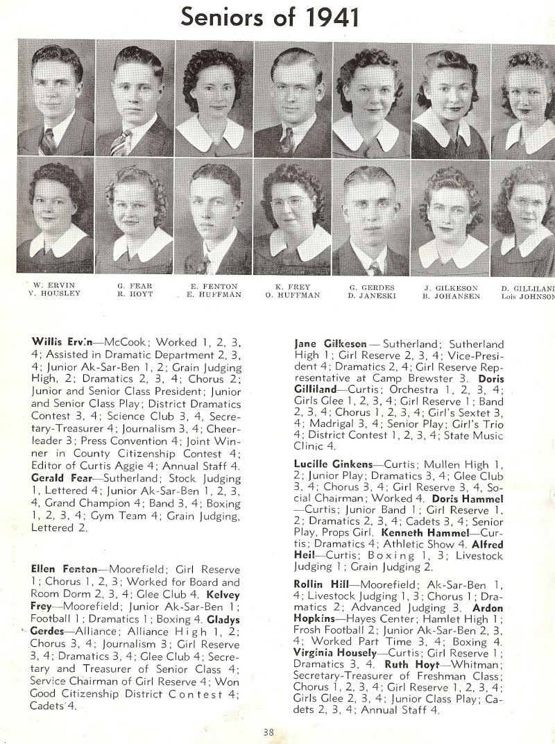 1941 Willis Ervin, Gerald Fear, Ellen Fenton, Kelvey Frey, Gladys Gerdes, Jane Gilkeson, Doris Gilliland, Virginia Housley, Ruth Hoyt, Edmund Huffman, Odeth Huffman, Donald Janeski, Betty Johansen, Lois Johnson, Lucille Ginkens, Doris Hammel, Kenneth Hammel, Alfred Heil, Rollin Hill, Ardon Hopkins,
