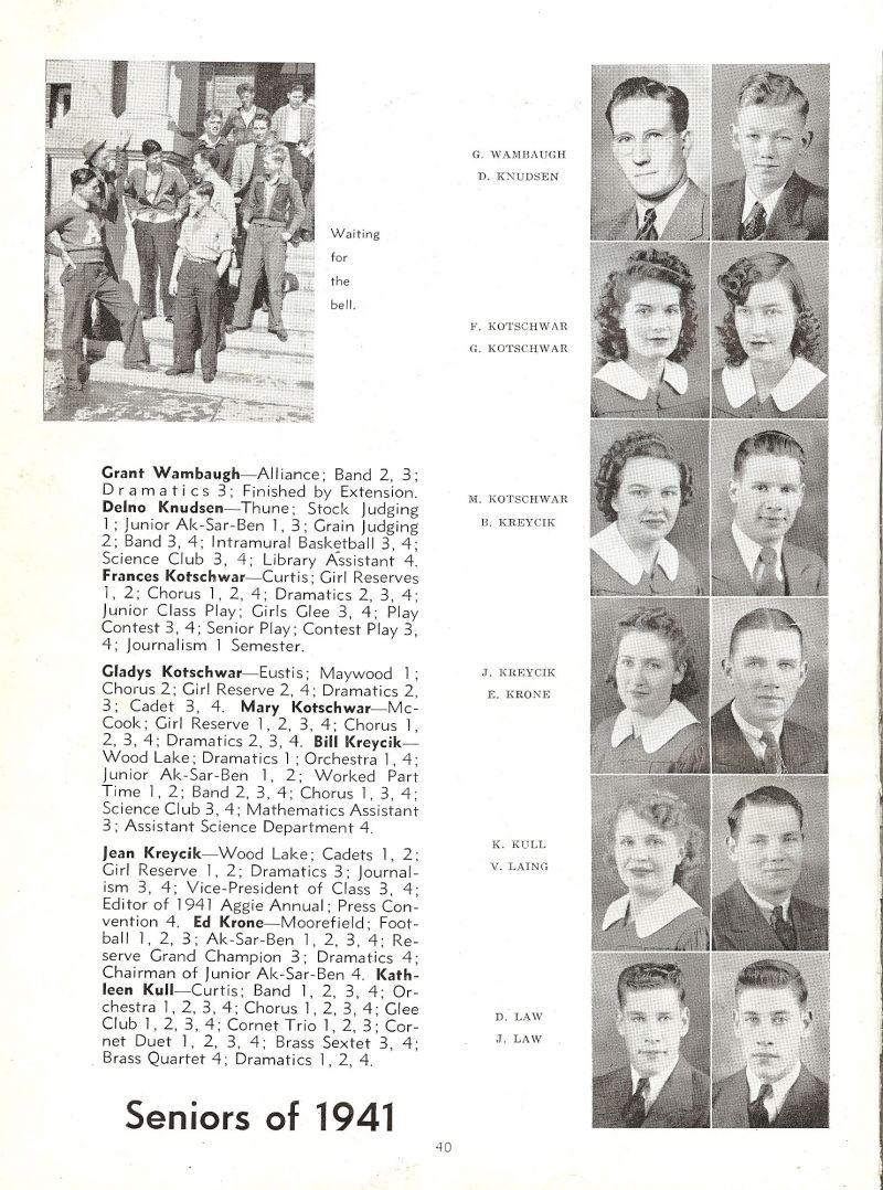 1941 Grant Wambaugh, Delno Knudsen, Francis Kotschwar, Gladys Kotschwar, Mary Kotschwar, Bill Kreycik, Jean Kreycik, Ed Krone, Kathleen Hull, Victor Laing, Davis Law, Joseph Law,