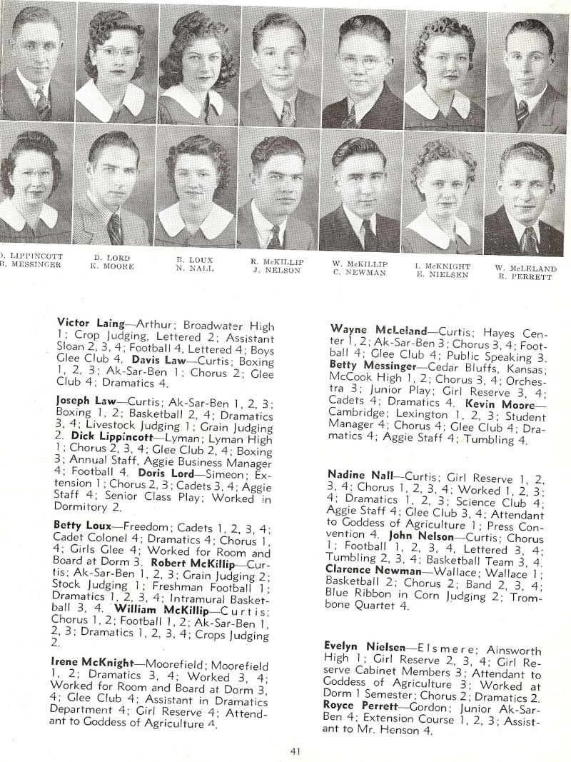 1941 Dick Lippincott, Doris Lord, Betty Loux, Robert McKillip, William McKillip, Irene McKnight, Wayne McLeland, Betty Messinger, Kevin Moore, Nadine Nall, John Nelson, Clarence Newman, Evelyn Nielsen, Royce Perrett,