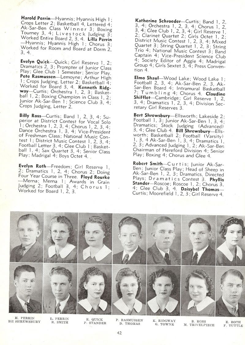 1941 Harold Perrin, Lilla Perrin, Evelyn Quick, Pete Rasmussen, Kenneth Ridgeway, Billy Ross, Evelyn Roth, Bill Shrewsbury, Robert Smith, Phyllis Stander, Daisybel Thomas, Georgianna Towne, Marian Travelpiece, Frank Tuttle,