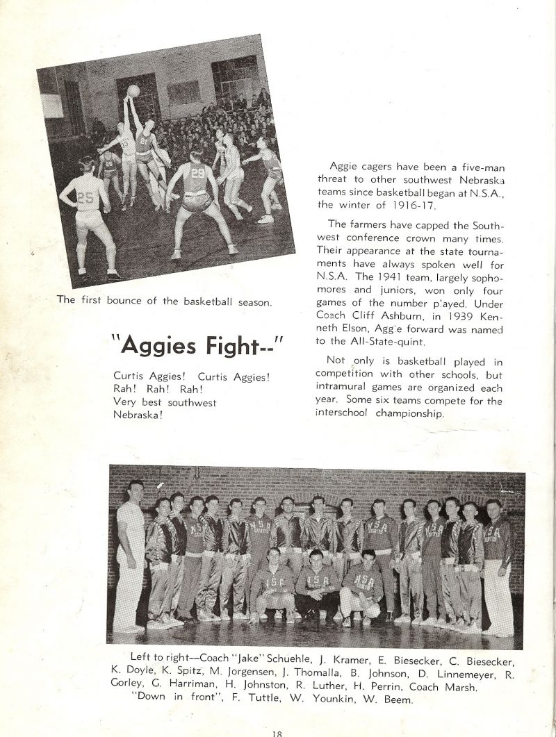 1940 Coach Schuele. Jack Kramer, Ed Biesecker, C. Biesecker, Keith Doyle, Kenneth Spitz, Marvin Jorgensen, John Thomalla, Bob Johnson, Dick Linnemeyer, Richard Gorley, Gerald Harriman, Howard Johnston, Ray Luther, Harold Perrin, Coach Marion Marsh. Frank Tuttle, Walker Younkin, Warren Beem,