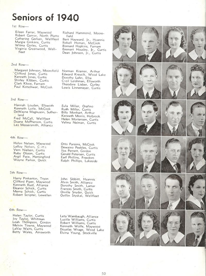 1940 Top Row: Eileen Farrar, Robert Garner, Catherine Gerkens, Margie Ginkens, 2nd Row: Margaret Johnson, Clifford Jones, Kenneth Jones, Shirley Kibben, 3rd Row: Hannah Louden, Kenneth Lytle, DeWayne Magnuson, Fred McCall, 4th Row: Helen Nelsen, Leroy Nelsen, Vern Nielsen, Ruby Olsson, 5th Row: Harry Pinkerton, Clifford Piper, Kenneth Rust, Eleanor Schick, 6th Row: Helen Taylor, Joy Taylor, Leah Thompson, Melvin Towne, Class of 1940 - Top Row: Wilma Gorley, Virginia Greenwood, Richard Hammond, Bert Hayward, Rokell Homan, Bernard Hopkins, Emmert Housley Jr., Dean Johnson Jr., 2nd Row: Clark Klooz, Paul Kotschwar, Norman Kramer, Edward Kreycik, Dorothy Lehn, Cecil Leishman, Theodore Lieber, Lewis Linnemeyer, 3rd Row: Duane McPherson, Lee Messersmith, Eula Miller, Ruth Miller, Billy Monhart, Kenneth Morris, Helen Mortersen, Velma Neiman, 4th Row: Argil Pace, Wayne Parker, Otto Parsons, Dewaine Peebles, Ilys Perrett, Gerald Petersen, Earl Phillips, Ralph Phillips, 5th Row: Merna Schick, Robert Scripter, John Sibbitt, Alvin Smith, Dorothy Smith, Frances Smith, Orville Snyder, Orville Styskal, 6th Row: LaVay Waits, Betty Wales, Leta Wambaugh, Lucille Williams, Robert Williams, Kenneth Wolfe, Douglas Wrage, Elvina Young,: Top Row: Wilma Gorley, Virginia Greenwood, Richard Hammond, Bert Hayward, Rokell Homan, Bernard Hopkins, Emmert Housley Jr., Dean Johnson Jr., 2nd Row: Clark Klooz, Paul Kotschwar, Norman Kramer, Edward Kreycik, Dorothy Lehn, Cecil Leishman, Theodore Lieber, Lewis Linnemeyer, 3rd Row: Duane McPherson, Lee Messersmith, Eula Miller, Ruth Miller, Billy Monhart, Kenneth Morris, Helen Mortersen, Velma Neiman, 4th Row: Argil Pace, Wayne Parker, Otto Parsons, Dewaine Peebles, Ilys Perrett, Gerald Petersen, Earl Phillips, Ralph Phillips, 5th Row: Merna Schick, Robert Scripter, John Sibbitt, Alvin Smith, Dorothy Smith, Frances Smith, Orville Snyder, Orville Styskal, 6th Row: LaVay Waits, Betty Wales, Leta Wambaugh, Lucille Williams, Robert Williams, Kenneth Wolfe, Douglas Wrage, Elvina Young,