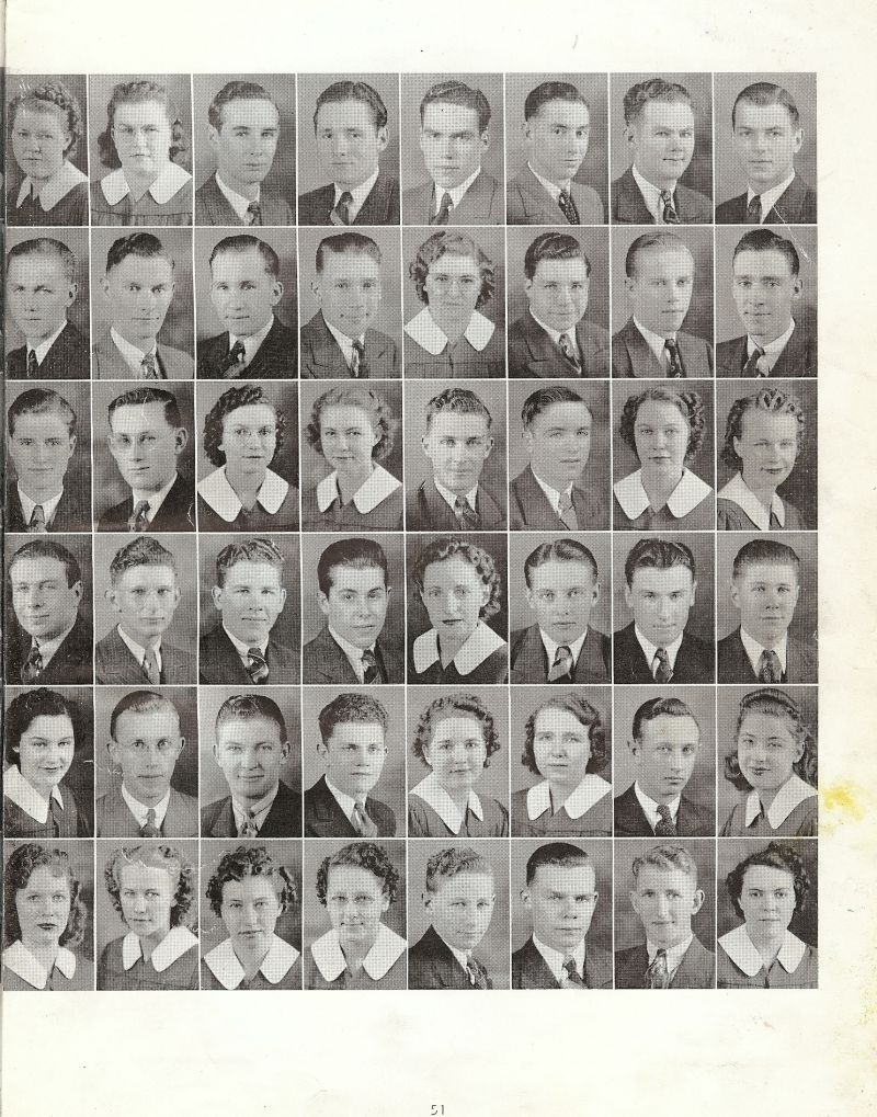 1940 Top Row: Wilma Gorley, Virginia Greenwood, Richard Hammond, Bert Hayward, Rokell Homan, Bernard Hopkins, Emmert Housley Jr., Dean Johnson Jr., 2nd Row: Clark Klooz, Paul Kotschwar, Norman Kramer, Edward Kreycik, Dorothy Lehn, Cecil Leishman, Theodore Lieber, Lewis Linnemeyer, 3rd Row: Duane McPherson, Lee Messersmith, Eula Miller, Ruth Miller, Billy Monhart, Kenneth Morris, Helen Mortersen, Velma Neiman, 4th Row: Argil Pace, Wayne Parker, Otto Parsons, Dewaine Peebles, Ilys Perrett, Gerald Petersen, Earl Phillips, Ralph Phillips, 5th Row: Merna Schick, Robert Scripter, John Sibbitt, Alvin Smith, Dorothy Smith, Frances Smith, Orville Snyder, Orville Styskal, 6th Row: LaVay Waits, Betty Wales, Leta Wambaugh, Lucille Williams, Robert Williams, Kenneth Wolfe, Douglas Wrage, Elvina Young,