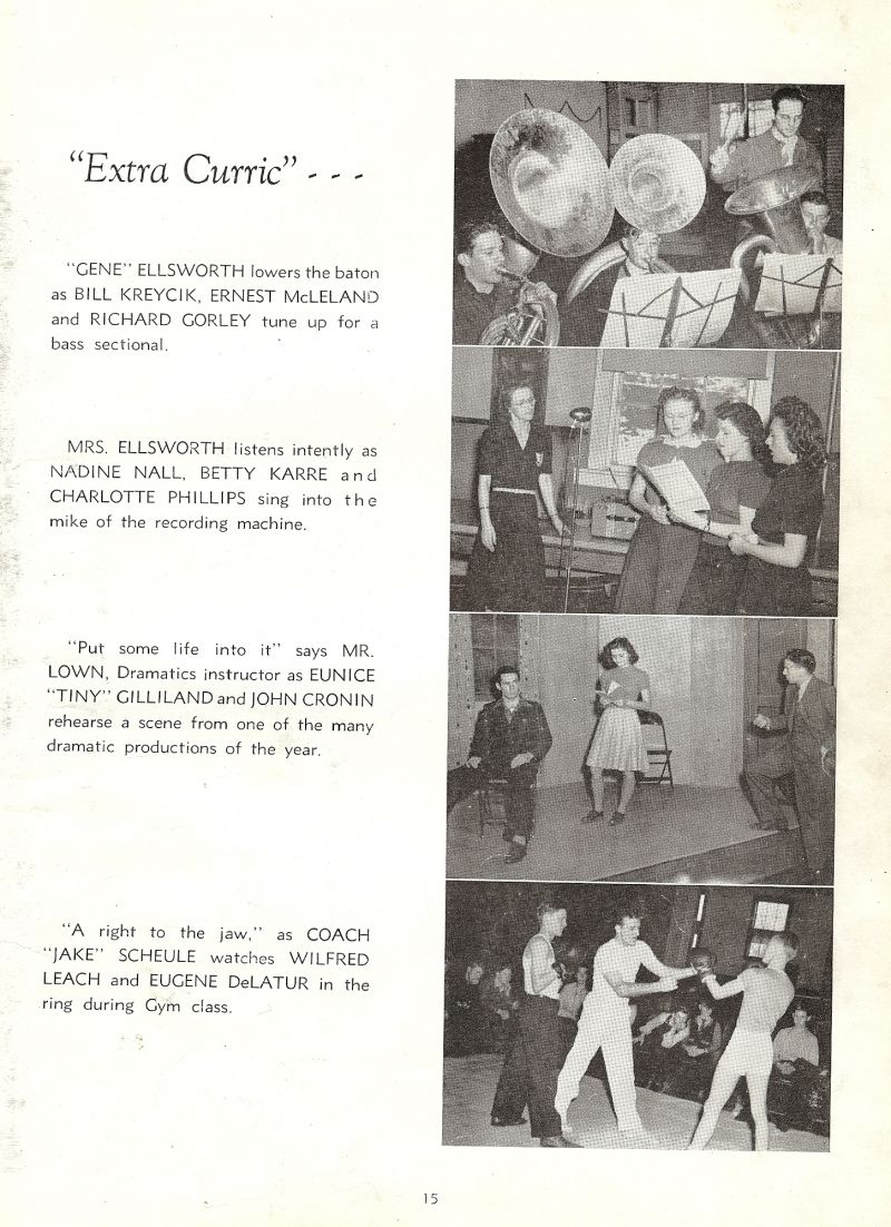 1938 Eugene Ellsworth, Bill Kreycik, Ernest McLeland, Richard Gorley, Ardeth Ellsworth. Nadine Nall, Betty Karre, Charlotte Phillips, Mr. Lown. Eunice Gilliland, John Cronin, Coach Schuele. Wilfred Leach, Eugene DeLatur, 
