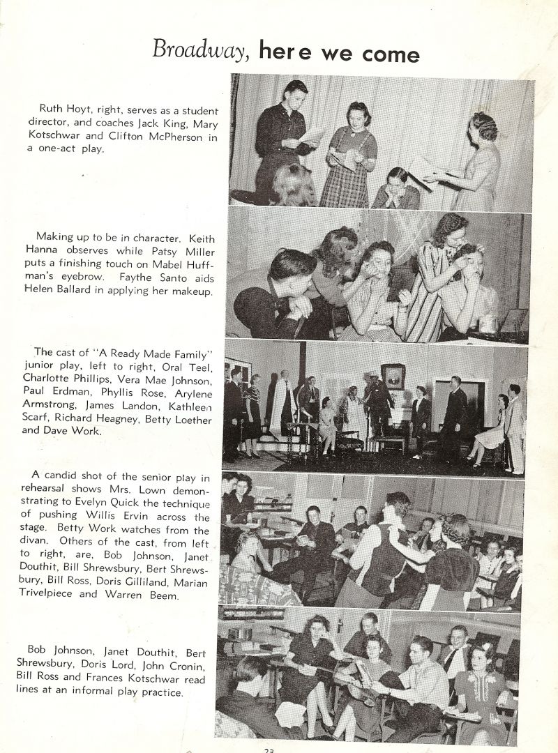 1938 Ruth Hoyt, Jack King, Mary Kotschwar, Clifton McPherson, Keith Hanna, Patsy Miller, Mabel Huffman, Faythe Santo, Helen Ballard, Oral Teel, Charlotte Phillips, VeraMae Johnson, Paul Erdman, Phyllis Rose, Arylene Armstrong, James Landon, Kathleen Scharf, Richard Heagney, Betty Loether, Dave Work, Mrs. Lown. Evelyn Quick, Willis Ervin, Betty Work, Bob Johnson, Janet Douthit, Bill Shrewsbury, Bert Shrewsbury, Bill Ross, Doris Gilliland, Marian Trivelpiece, Warren Beem, Doris Lord, John Cronin, Francis Kotschwar,
