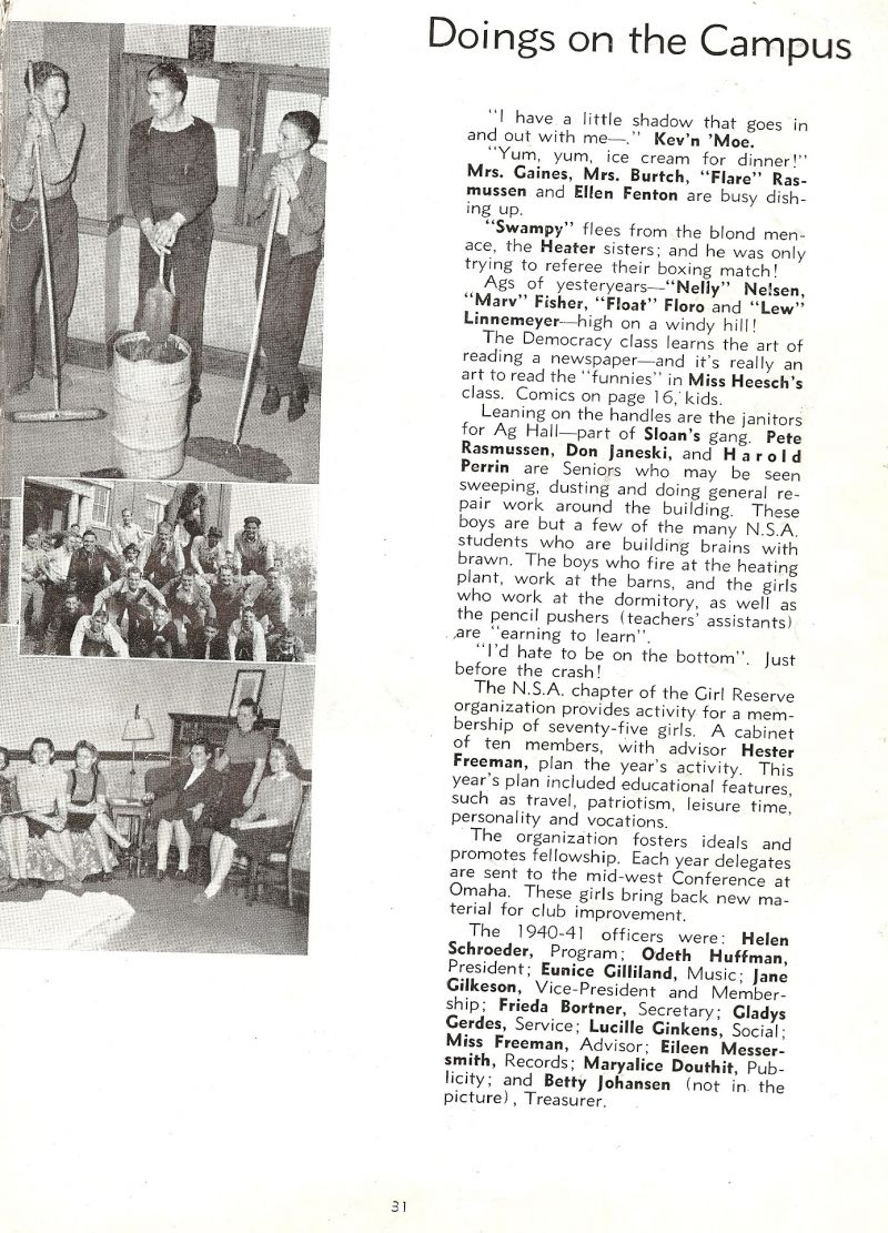1938 Pete Rasmussen, Don Janeski, Harold Perrin, Frieda Bortner, Gladys Gerdes, Lucille Ginkens, Miss Freeman. Eileen Messersmith, MaryAlice Douthit,