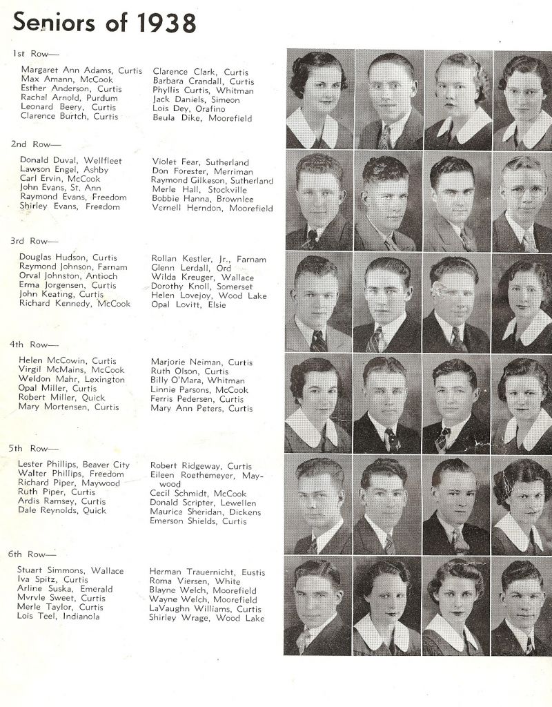 1938 Top Row: Margaret Adams, Max Amann, Ester Anderson, Rachel Arnold, 2nd Row: Donald Duval, Lawson Engel, Carl Ervin, John Evans, 3rd Row: Douglas Hudson, Raymond Johnson, Orval Johnston, Erma Jorgensen, 4th Row: Helen McCowin, Virgil McMains, Weldon Mahr, Opal Miller, 5th Row: Lester Phillips, Walter Phillips, Richard Piper, Ruth Piper, 6t Row: Stuart Simmons, Iva Spitz, Arline Suska, Myrvle Sweet,
From Next page: Top Row: Leonard Berry, Clarence Burtch, Clarence Clark, Barbara Crandall, Phyllis Curtis, Jack Daniels, Lois Dey, Buela Dike, 2nd Row: Raymond Evans, Shirley Evans, Violet Fear, Don Forester, Raymond Gilkeson, Merle Hall, Bobbie Hanna, Vernell Herndon, 3rd Row: John Keating, Richard Kennedy, Rollan Kestler Jr., Rollan Kestler, Glenn Lerdall, Wilda Kreuger, Dorothy Knell, Helen Lovejoy, Opal Lovitt, 4th Row: Robert Miller, Mary Mortensen, Marjorie Neiman, Ruth Olson, Billy O'Mara, Linnie Parsons, Ferris Pedersen, MaryAnn Peters, Mary Ann Peters, 5th Row: Ardis Ramsey, Dale Reynolds, Robert Ridgeway, Eileen Roethemeyer, Cecil Schmidt, Donald Scripter, Maurice Sheridan, Emerson Shields, 6th Row: Merle Taylor, Lois Teel, Herman Trauernicht, Roma Vierson, Blayne Welch, Wayne Welch, LaVaughn Williams, Shirley Wrage,
