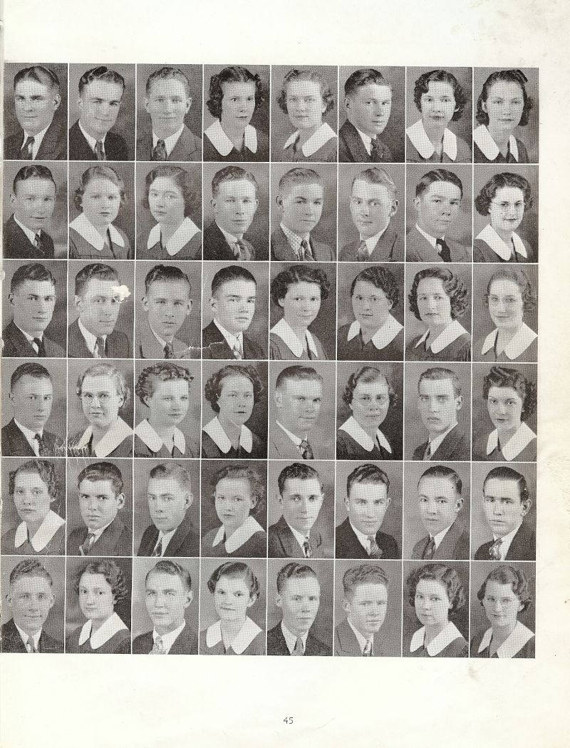 1938 Top Row: Leonard Berry, Clarence Burtch, Clarence Clark, Barbara Crandall, Phyllis Curtis, Jack Daniels, Lois Dey, Buela Dike, 2nd Row: Raymond Evans, Shirley Evans, Violet Fear, Don Forester, Raymond Gilkeson, Merle Hall, Bobbie Hanna, Vernell Herndon, 3rd Row: John Keating, Richard Kennedy, Rollan Kestler Jr., Glenn Lerdall, Wilda Kreuger, Dorothy Knell, Helen Lovejoy, Opal Lovitt, 4th Row: Robert Miller, Mary Mortensen, Marjorie Neiman, Ruth Olson, Billy O'Mara, Linnie Parsons, Ferris Pedersen, MaryAnn Peters, Mary Ann Peters, 5th Row: Ardis Ramsey, Dale Reynolds, Robert Ridgeway, Eileen Roethemeyer, Cecil Schmidt, Donald Scripter, Maurice Sheridan, Emerson Shields, 6th Row: Merle Taylor, Lois Teel, Herman Trauernicht, Roma Vierson, Blayne Welch, Wayne Welch, LaVaughn Williams, Shirley Wrage,