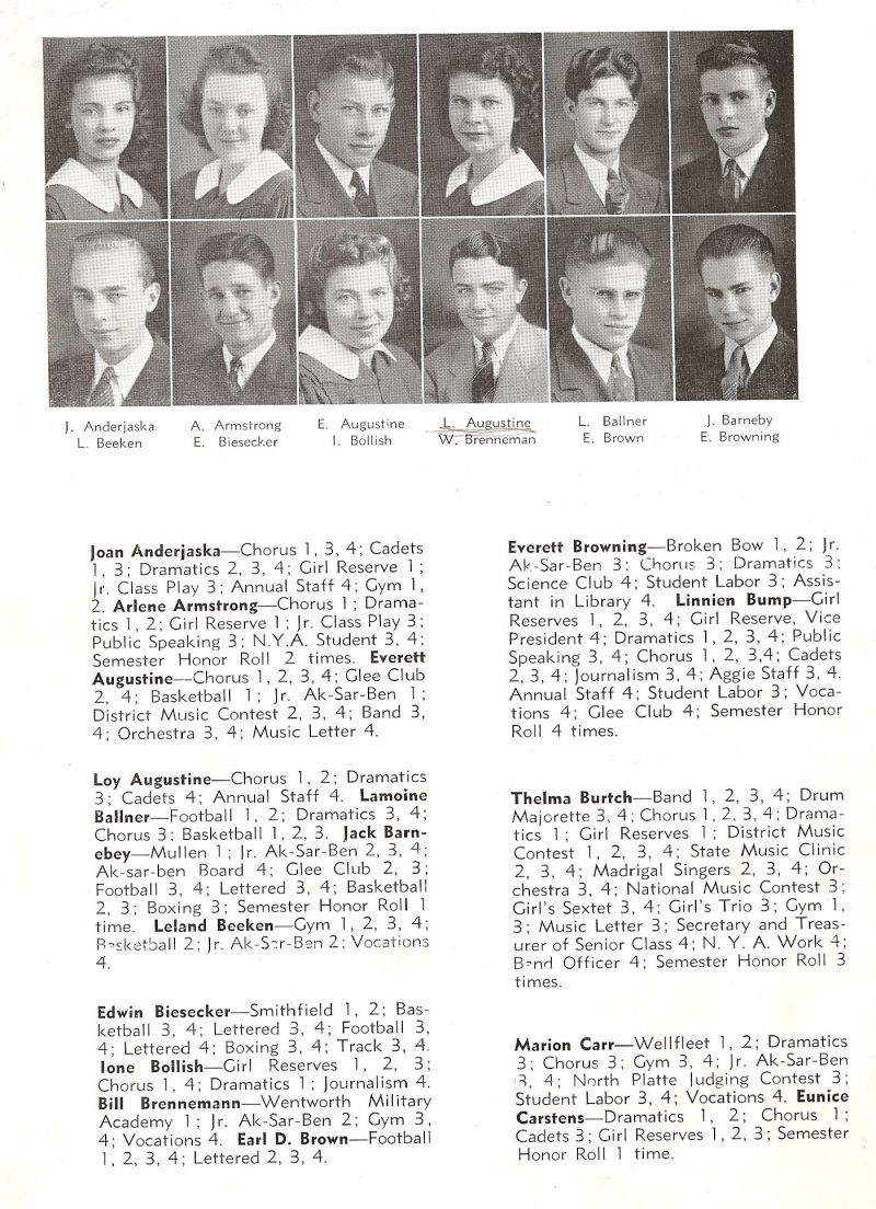 1942 Joan Anderjaska, Arlene Armstrong, Everett Augustine, Loy Augustine, Lamoine Ballner, Jack Barnebey, Leland Beeken, Edwin Biesecker, Ione Bollish, Bill Brenneman, Earl Brown, Everett Browning,