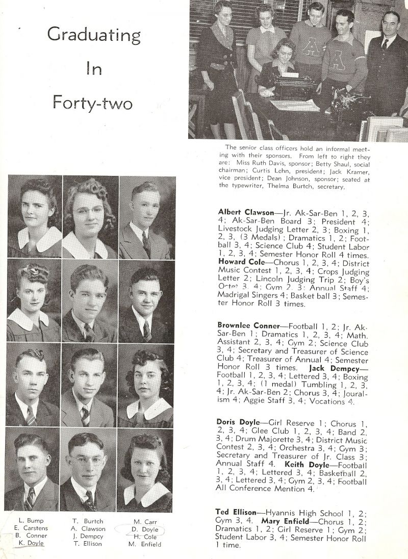 1942 Linnien Bump, Thelma Burtch, Marion Carr, Eunice Carstens, Albert Clawson, Doris Doyle, Brownlee Conner, Jack Dempcy, Howard Cole, Keith Doyle, Ted Ellison, Mary Enfield, Sponsor Ruth Davis. Betty Shaul, Curtis Lehn, Jack Kramer, Dean Johnson,