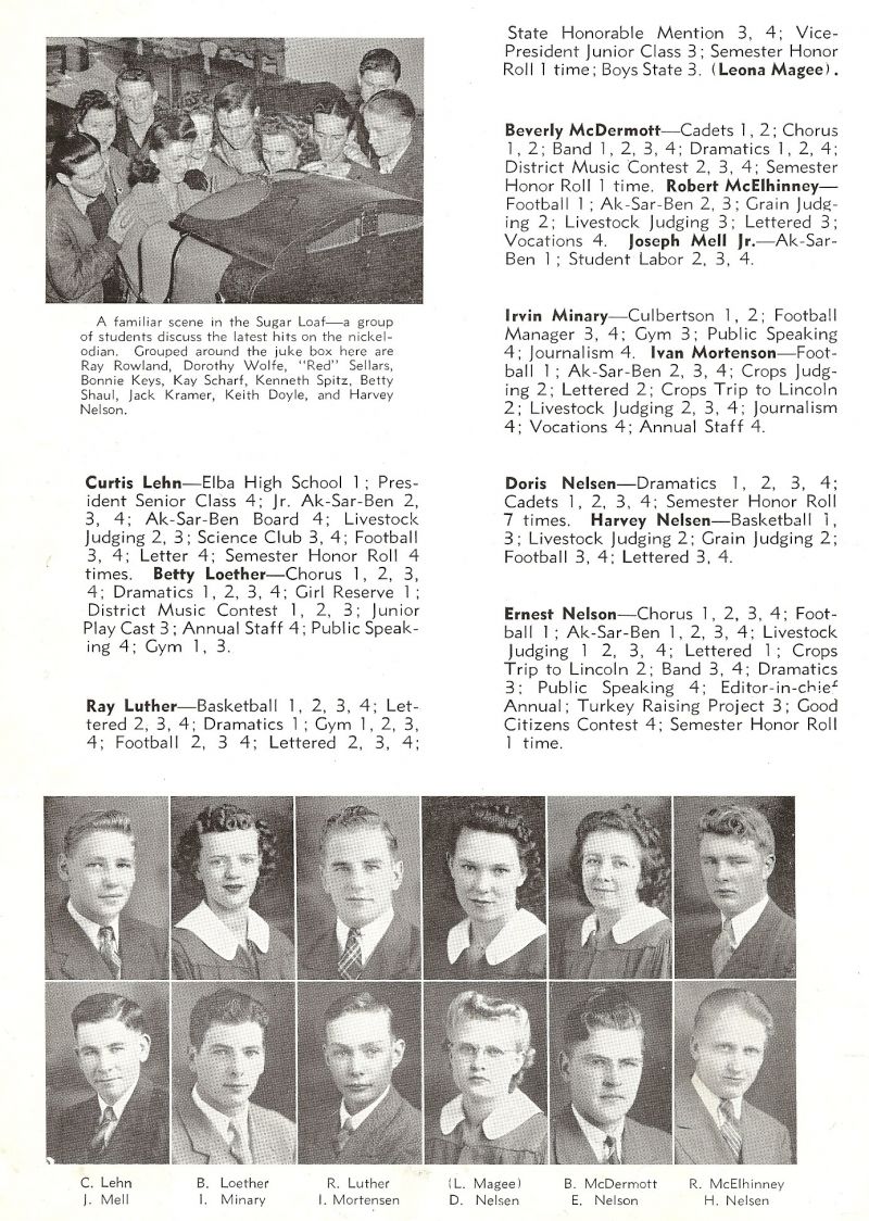 1942 Curtis Lehn, Betty Loether, Ray Luther, Leona Magee, Beverley McDermott, Robert McElhinney, Joseph Mell Jr., Irvin Minary, Ivan Mortenson, Doris Nelsen, Harvey Nelsen, Ernest Nelson, Ray Rowland, Dorothy Wolfe, Byron Sellers, Red Sellers, Bonnie Keys, Kay Scharf, Kenneth Spitz, Kenny Spitz, Betty Shaul, Jack Kramer, Keith Doyle, Harvey Nelsen,