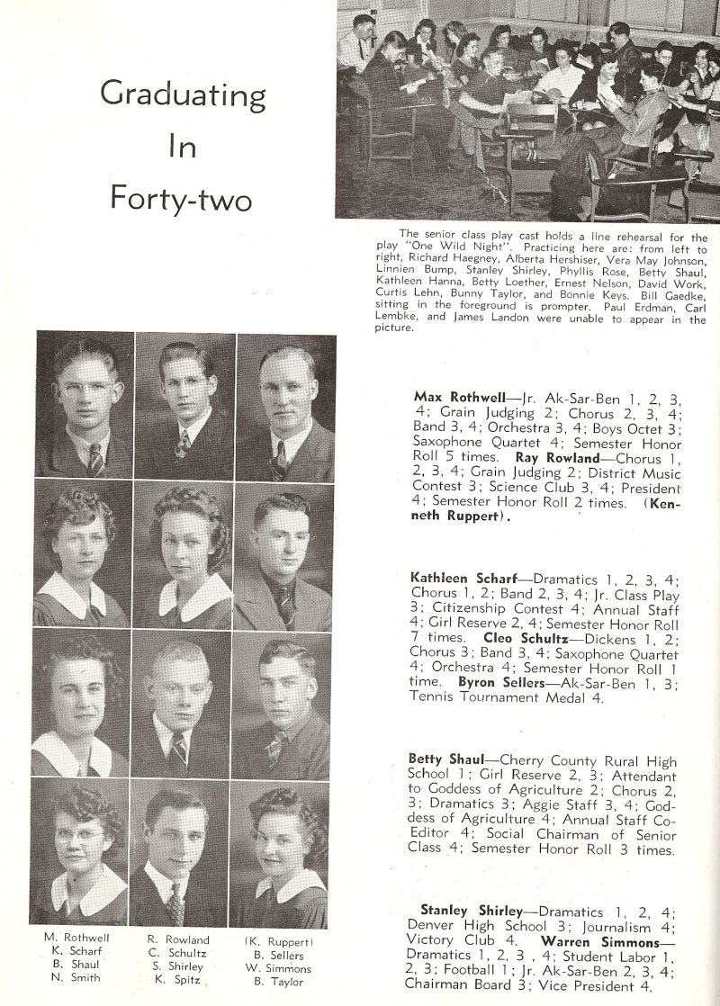1942 Max Rothwell, Ray Rowland, Keneth Ruppert, Kathleen Scharf, Cleo Schultz, Byron Sellers, Red Sellers, Betty Shaul, Stanley Shirley, Warren Simmons, Norma Smith, Kenneth Spitz, Kenny Spitz, Bernice Taylor, Bunny Taylor,