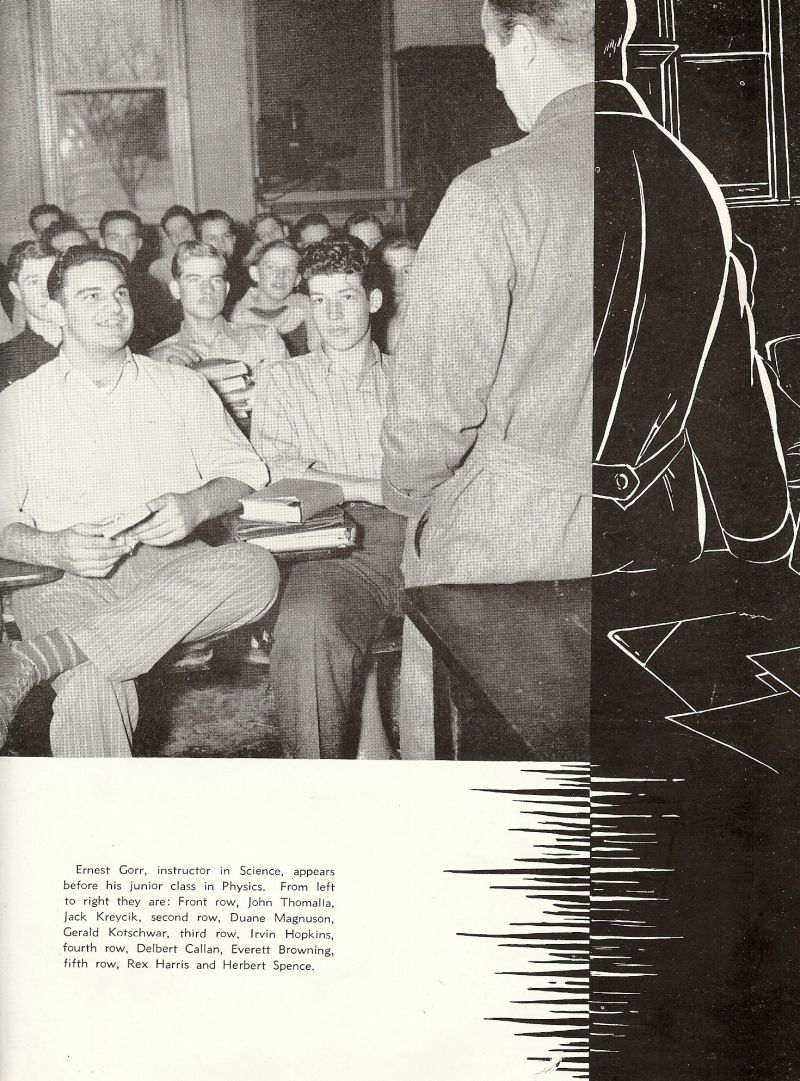 1942 Instructor Ernest Gorr. John Thomalla, Jack Kreycik, Duane Magnuson, Gerald Kotschwar, Irvin Hopkins, Delbert Callan, Everett Browning, Rex Harris, Herbert Spence,