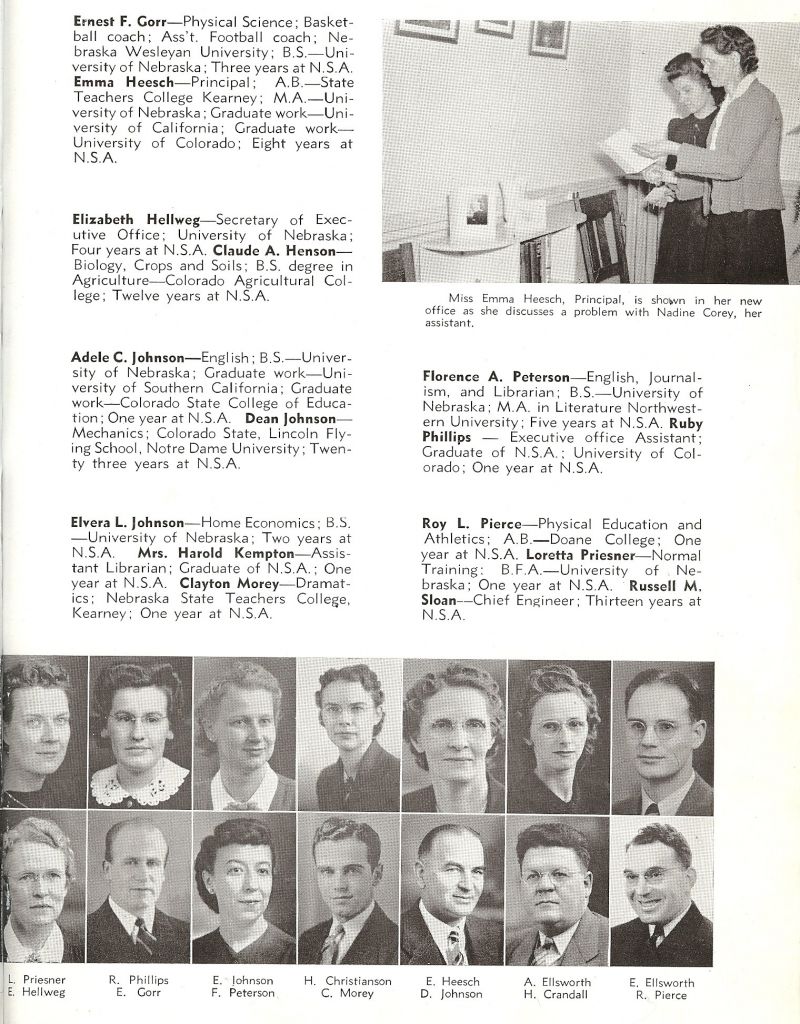 1942 Loretta Priesner. Ruby Phillips. Elvera Johnson. Helen Christianson. Emma Heesch. Ardeth Ellsworth. Robert Ellsworth. Elizabeth Hellwig. Ernest Gorr. Florence Peterson. Clayton Morey. Dean Johnson. Horace Crandall. Roy Pierce. Nadine Corey.