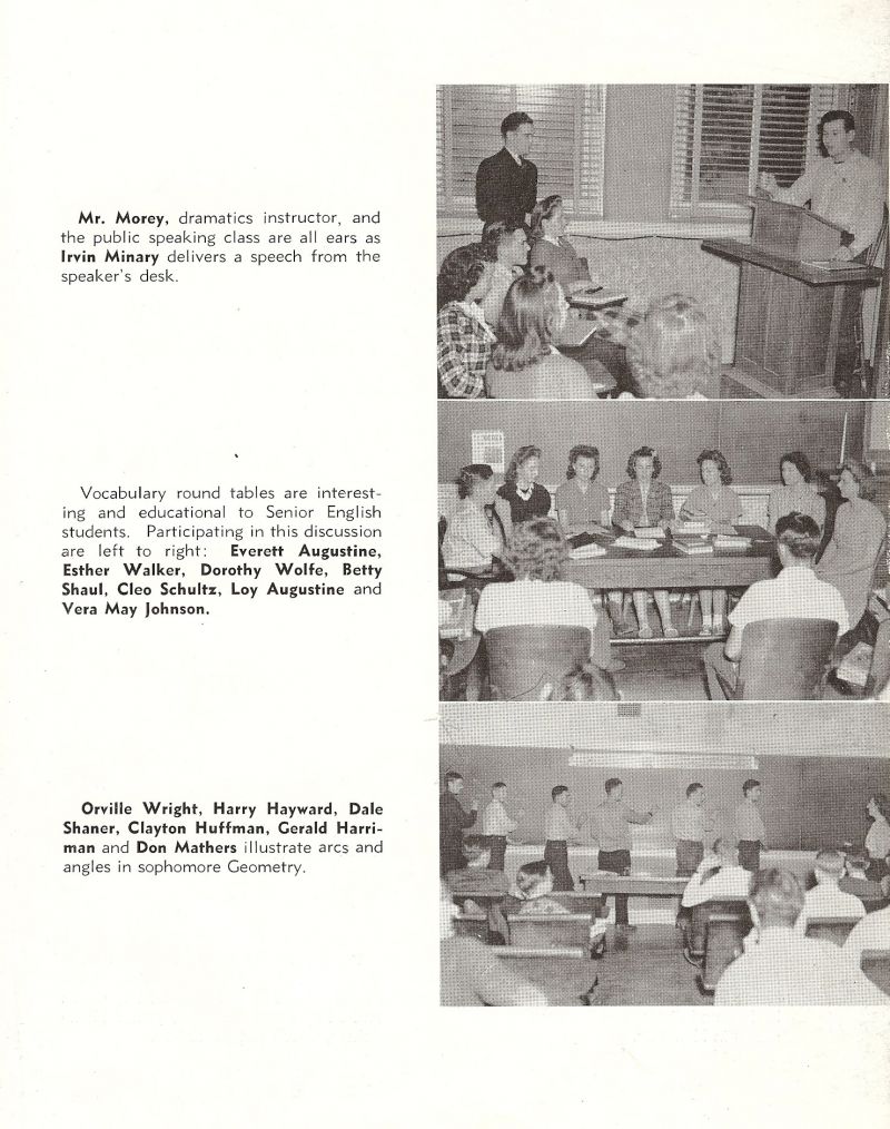 1942 Instructor Clayton Morey. Ivan Minary, Everett Augustine, Esther Walker, Dorothy Wolfe, Betty Shaul, Cleo Schultz, Loy Augustine, VeraMay Johnson, Orville Wright, Harry Hayward, Dale Shaner, Clayton Huffman, Gerald Harriman, Don Mathers,