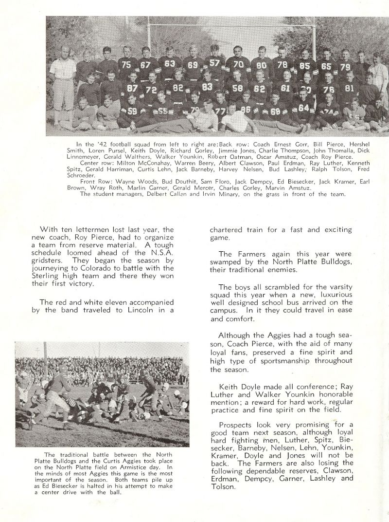 1942 Coach Ernest Gorr. Bill Pierce, Hershel Smith, Loren Pursel, Keith Doyle, Richard Gorley, Jimmie Jones, Charlie Thompson, John Thomalla, Dick Linnemeyer, Gerald Walthers, Walker Younkin, Robert Oatman, Oscar Amstuz, Coach Roy Pierce. Milton McConahay, Warren Beery, Albert Clawson, Paul Erdman, Ray Luther, Kenneth Spitz, Gerald  Harriman, Curtis Lehn, Jack Barneby, Harvey Nelsen, Bud Lashley, Ralph Tolson, Fred Schroeder, Wayne Woods, Harlod Douthit Jr., (Budd Douthit), Sam Floro, Jack Dempcy, Ed Biesecker, Jack Kramer, Earl Brown, Wray Roth, Marlin Garner, Gerald Mercer, Charles Gorley, Marvin Amstuz, Delbert Callan, Ivan Minary, 