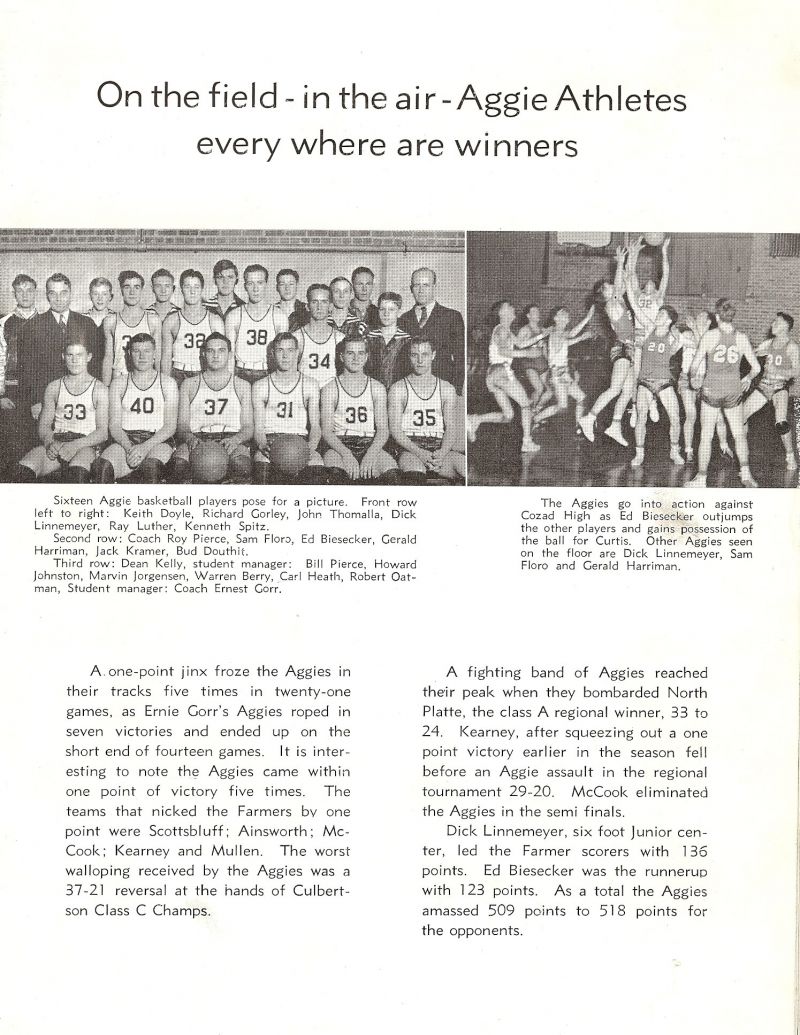 1942 Keith Doyle, Richard Gorley, John Thomalla, Dick Linnemeyer, Ray Luther, Kenneth Spitz, Coach Roy Pierce. Sam Floro, Ed Biesecker, Gerald Harriman, Jack Kramer, Harold Douthit Jr., (Budd Douthit), Dean Kelly, Bill Pierce, Howard Johnston, Marvin Jorgensen, Warren Beery, Carl Heath, Robert Oatman, Coach Ernest Gorr.