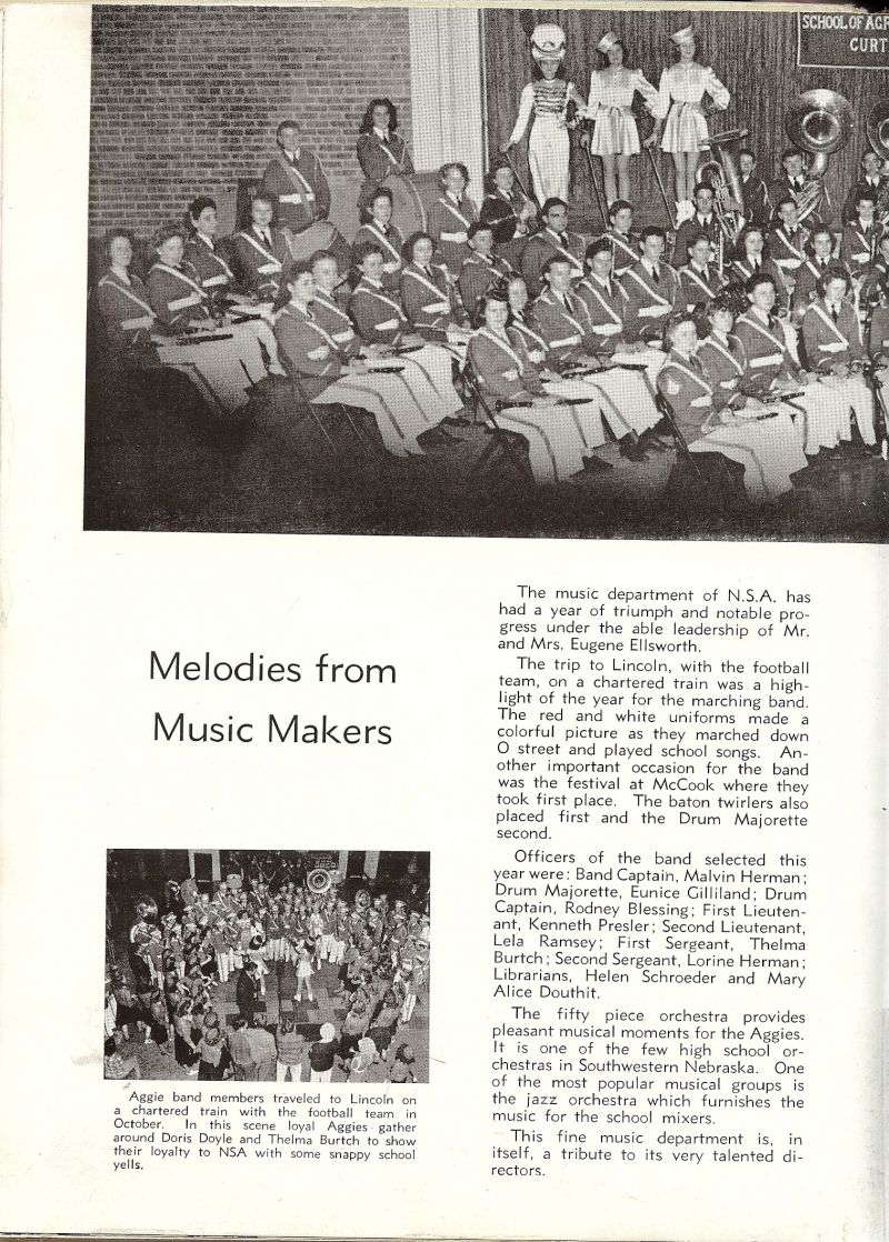 1942 Lorine Herman, Maryalice Douthit, Bill Reynolds, Kathleen Scharf, Helen Schroeder, Barbara Sears, Loren Bevan, William Gaedke, Wayne Cope, Joe Johnson, Arla VanDruff, Dorothy Cole, Dorothy Johnson, Richard Roach, Imogene Allen, Wilma Gartrell, Douglas McDermott, John Thomalla, Harold Douthit Jr., (Budd Douthit), Jack King, Gene McPhillip, LuLu Phillips, Wanda Clough, Marian Pierce, Beverly Jorgensen, Ruth Spitz, Rod Blessing, Betty LaBounty, Pauline Rice, Shirley Jorgensen, Donna Boyd, Everett Augustine, Richard Gorley, Wayne Clough, Eunice Gilliland, Doris Doyle, Marjorie Linnemeyer,