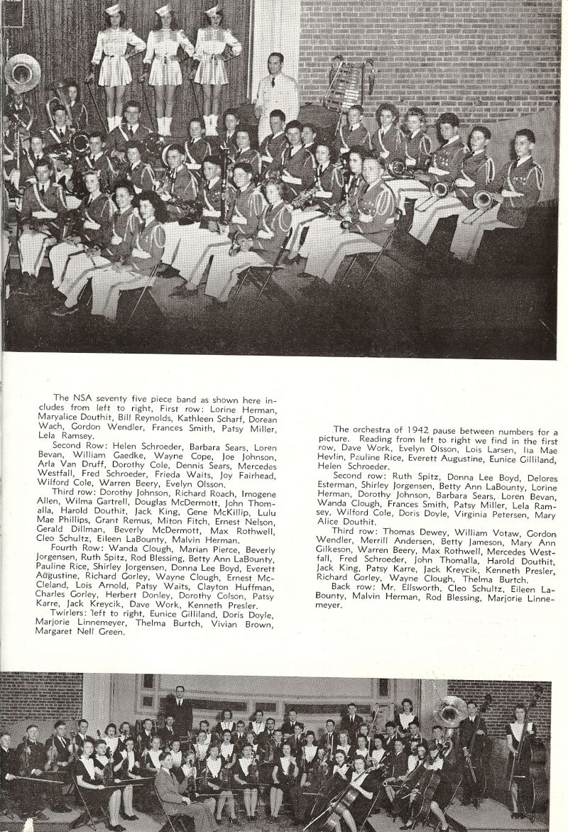 1942 Dorean Wach, Gordon Wendler, Frances Smith, Patsy Miller, (Pat Miller,), Lela Ramsey, Dennis Sears, Mercedes Westfall, Fred Schroeder, Frieda Waits, Joy Fairhead, Wilford Cole, Warren Beery, Evelyn Olsson, Grant Remus, Milton Fitch, Ernest Nelson, Gerald Dillman, Beverly McDermott, Max Rothwell, Cleo Schultz, Eileen LaBounty, Malvin Herman, Ernest McCleland, Lois Arnold, Patsy Waits, Clayton Huffman, Charles Gorley, Herbert Donley, Dorothy Colson, Patsy Karre, Jack Kreycik, Dave Work, Kenneth Presler, Thelma Burtch, Vivian Brown, MargretNell Green, Margaret Nell Green, Lois Larsen, IlaMae Hevlin, Delores Estermann, Virginia Petersen, Thomas Dewey, William Votaw, Gordon Wendler, Merrill Andersen, Betty Jameson, MaryAnn Gilkeson, Jack King, Director Robert Ellsworth.
