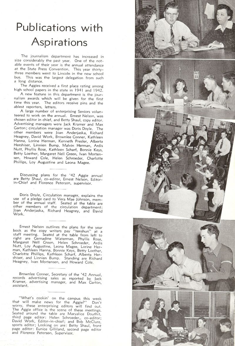 1942 Betty Shaul, Ernest Nelson, Supervisor Florence Peterson. Doris Doyle, VeraMae Johnson, Joan Anderjaska, Richard Heagney, David Work, Gernadine Waterman, Phyllis Rose, MargaretNell Green, Margaret Nell Green, Helen Schroeder, Ardis Nutt, Loy Augustine, Leona Magee, Lorine Herman, Kathleen Hanna, Bonnie Keys, Betty Loether, Charlotte Phillips, Kathleen Scharf, Alberta Hershiser, Linnien Bump, Ivan Mortensen, Howard Cole, Brownlee Conner, Jack Kramer, Max Garton, Maryalice Douthit, Bob McClure, Eunice Gilliland,