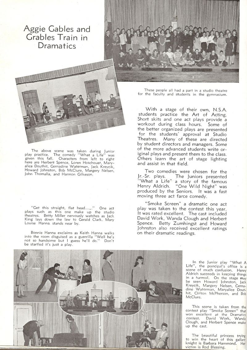 1942 Herbert Spence, Loren Hoschouer, Maryalice Douthit, Gernadine Waterman, Jack Kreycik, Howard Johnston, Bob McClure, Margey Nelsen, John Thomalla, Harmon Gilkeson, Betty Miller, Jack King, Gerald Clark, Marylouise Hanna, Bonnie Hanna, Keith Hanna, Henry Aldrich, Clifton McPherson, David Work, Wanda Clough, Barbara Hammond, Rod Blessing,