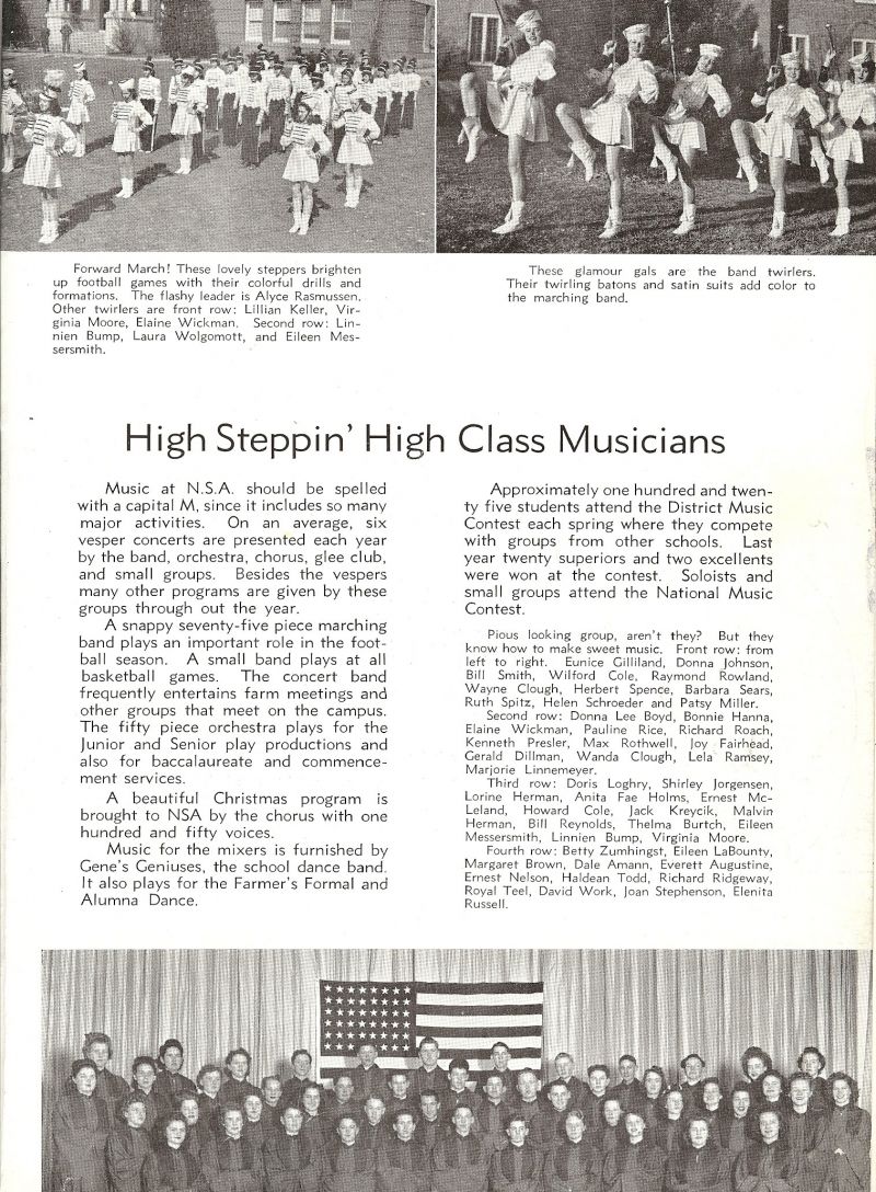 1942 Alyce Rasmussen, Lillian Keller, Virginia Moore, Elaine Wickman, Linnien Bump, Laurabelle Wolgamott, Eileen Messersmith, Eunice Gilliland, Donna Johnson, Bill Smith, Wilford Cole, Raymond Rowland, Wayne Clough, Herbert Spence, Barbara Sears, Ruth Spitz, Helen Schroeder, Patsy Miller, (Pat Miller), Donna Boyd, Bonnie Hanna, Pauline Rice, Richard Roach, Kenneth Presler, Max Rothwell, Joy Fairhead, Gerald Dillman, Wanda Clough, Lela Ramsey, Marjorie Linnemeyer, Doris Loghry, Shirley Jorgensen, Lorine Herman, AnitaFae Holms, Ernest McLeland, Howard Cole, Jack Kreycik, Malvin Herman, Bill Reynolds, Thelma Burtch, Betty Zumhingst, Eileen LaBounty, Margaret Brown, Dale Amann, Everett Augustine, Ernest Nelson, Haldean Todd, Richard Ridgway, Royal Teel, David Work, Joan Stephenson, Elenita Russell,
